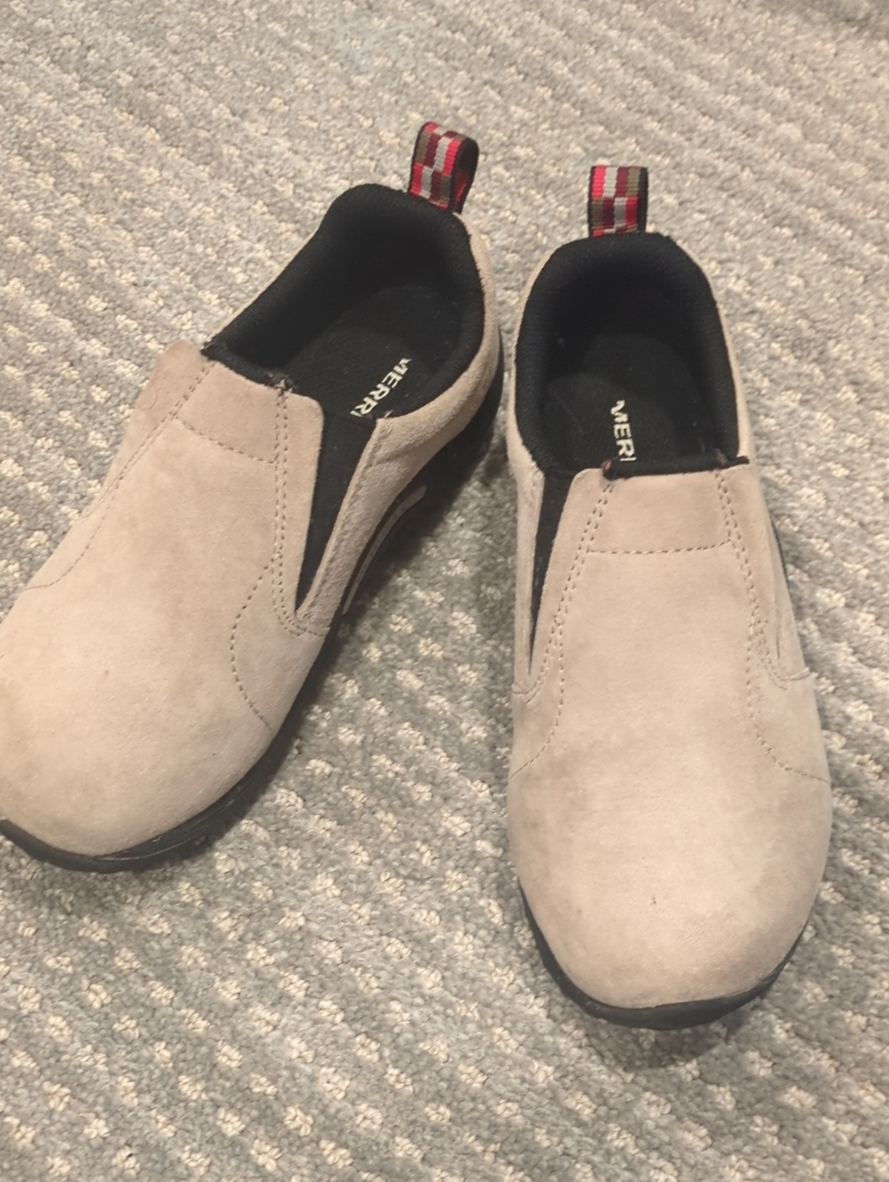 Merrell Kids Beige Slip-Ons with Black Interior and Red Pull Tabs WATERPROOF